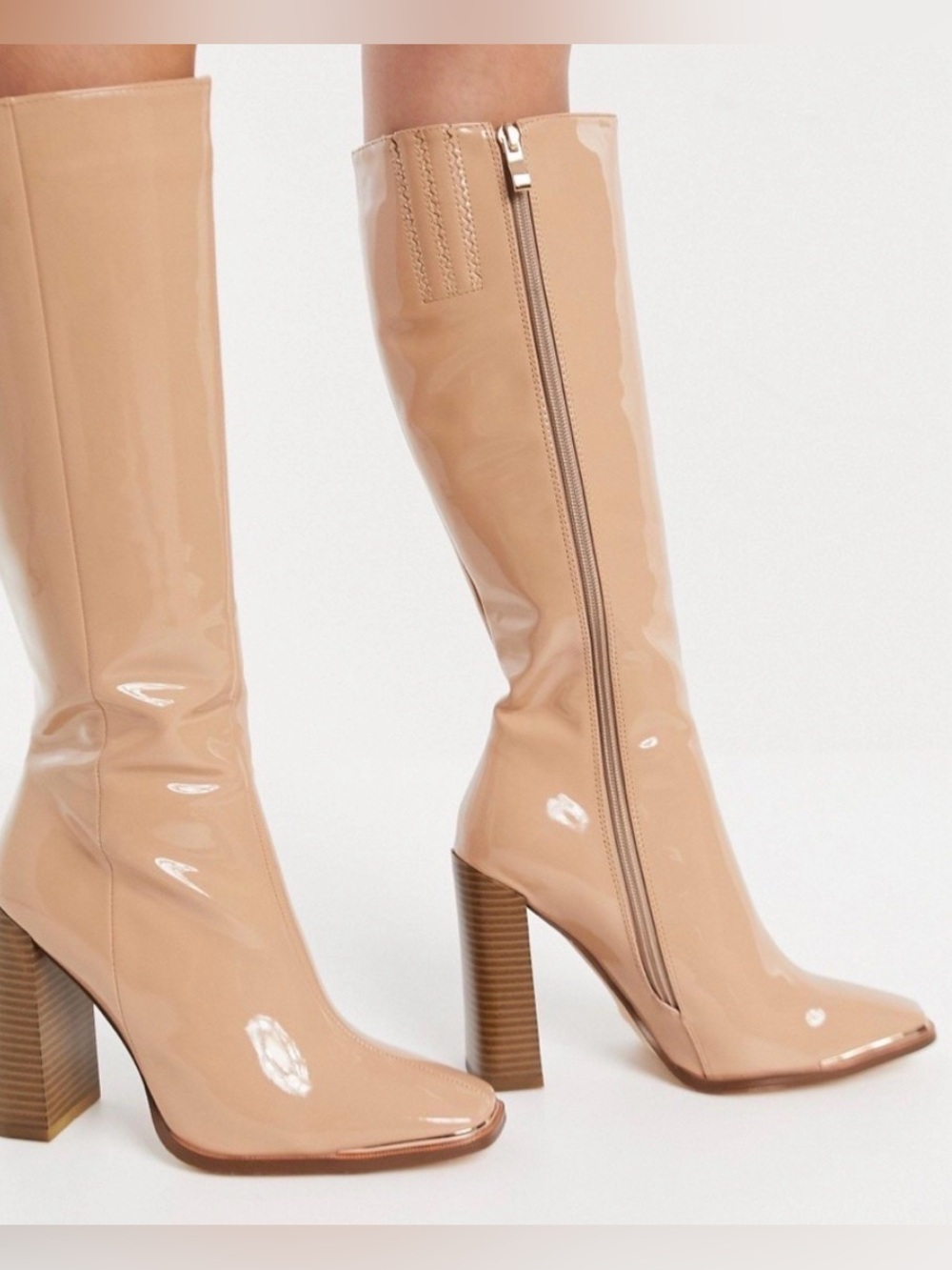 Tall Patent Knee-High Boots in Nude